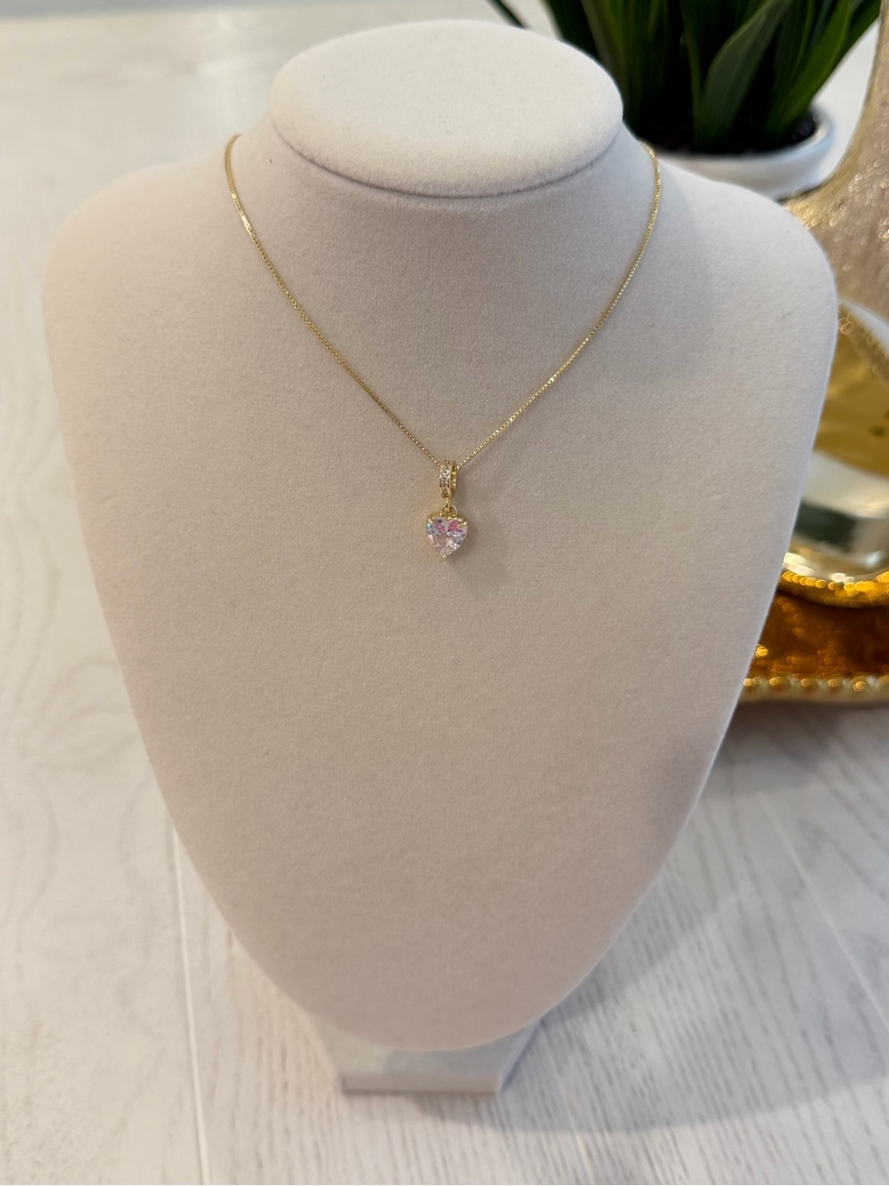Gold Heart Pendant Necklace with Pink Crystal, 18k gold plated necklace